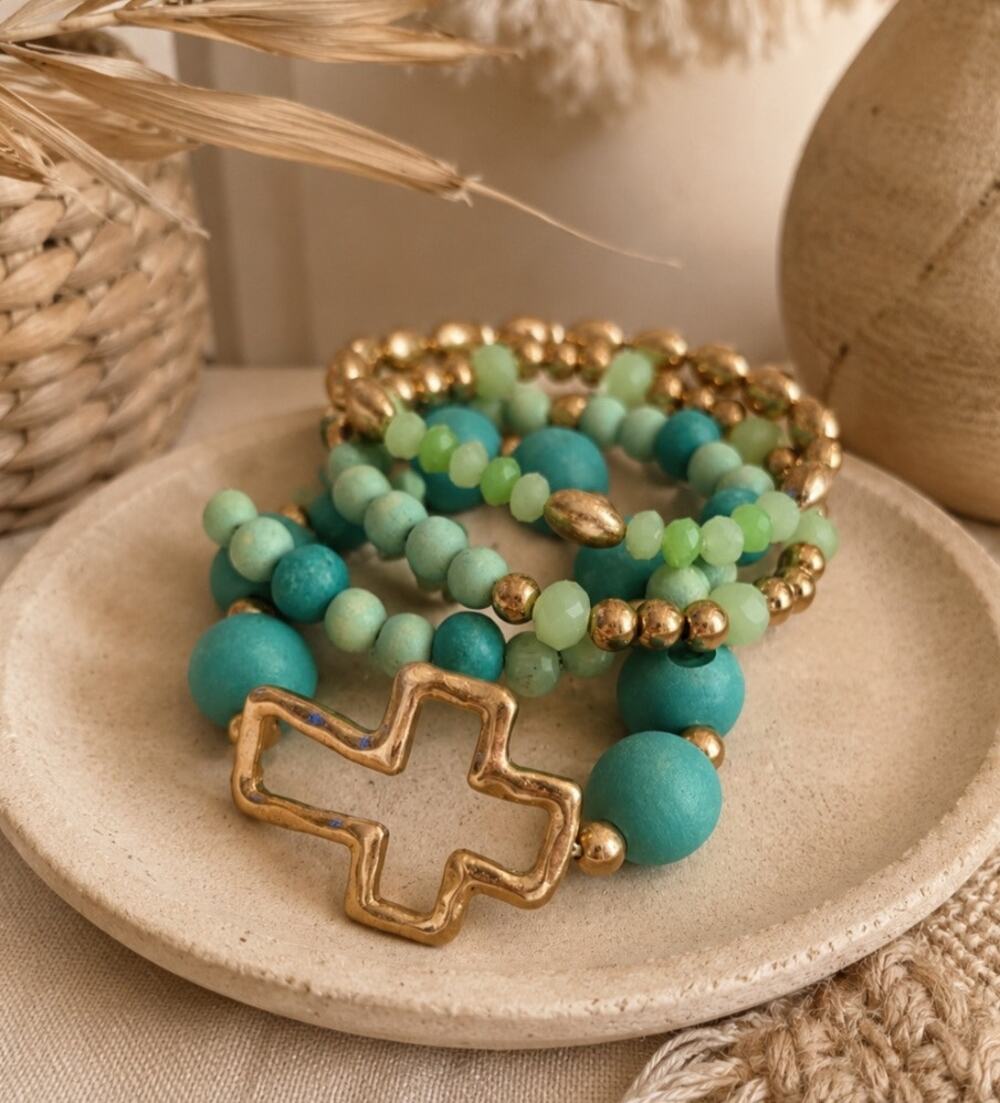 Pomina Blue Gold Cross Stretch Bracelet Stack New
